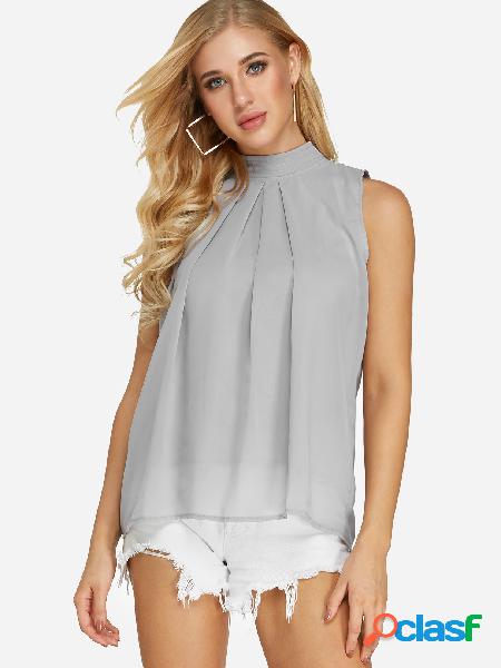 Grey Box Pleat Stand Collar Sleeveless Tank Top