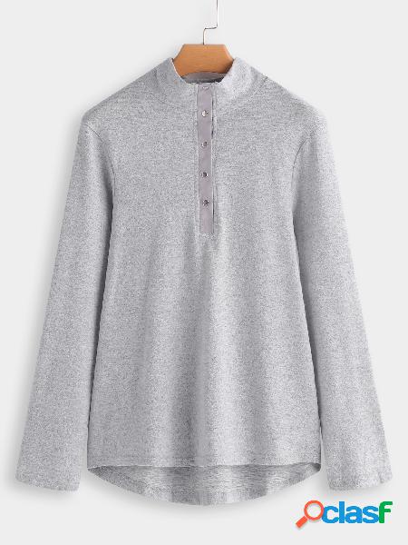 Grey Button Front Crew Neck Long Sleeves T-shirt