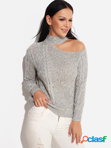 Grey Cable Knit Plain One Shoulder Long Sleeves Sweaters