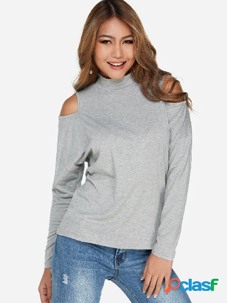 Grey Cut Out Plain Perkins Collar Long Sleeves Tee