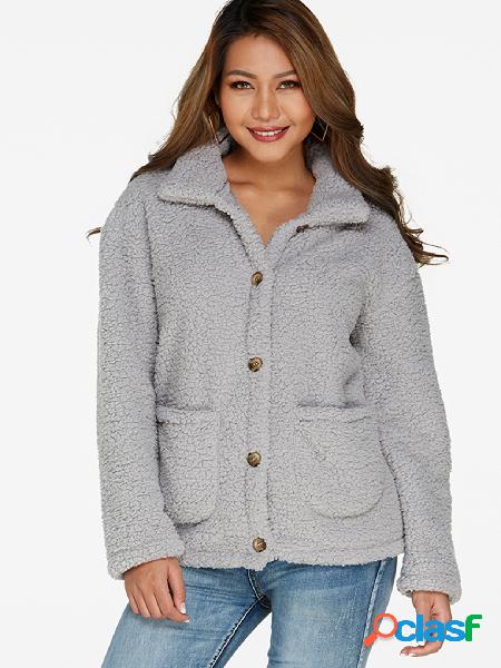 Grey Fluffy Faux Fur Turn-down Collar Long Sleeves Coat