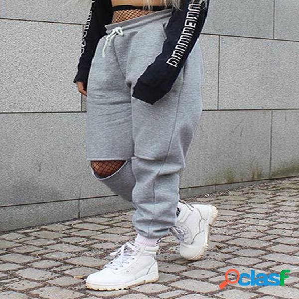Grey Ripped Details Stretch Waistband Sports Pants