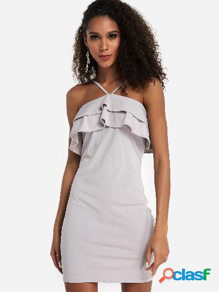 Grey Ruffle Trim Backless Design Halter Party Dress