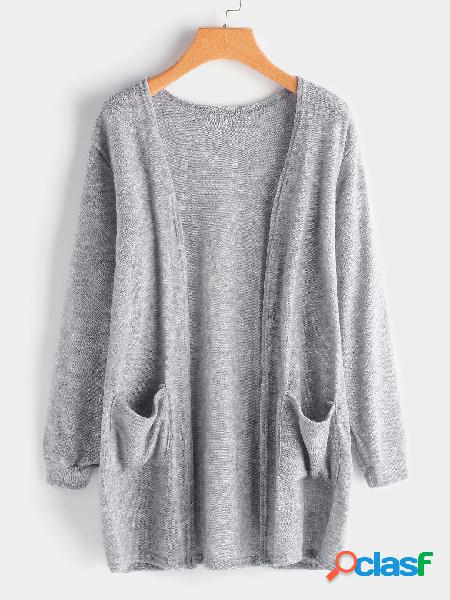 Grey Side Pockets Long Sleeves Cardigans