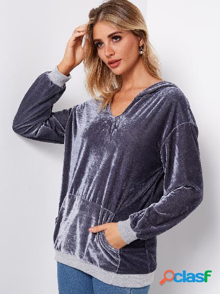 Grey Side pockets Long Sleeves Velvet Hoodie