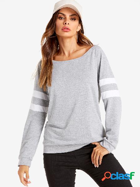 Grey Stripe Pattern Round Neck Long Sleeves T-shirt