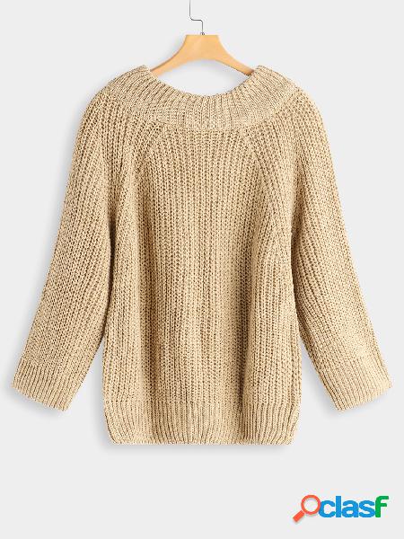 Khaki Plain Off The Shoulder Long Sleeves Loose Fit Sweaters