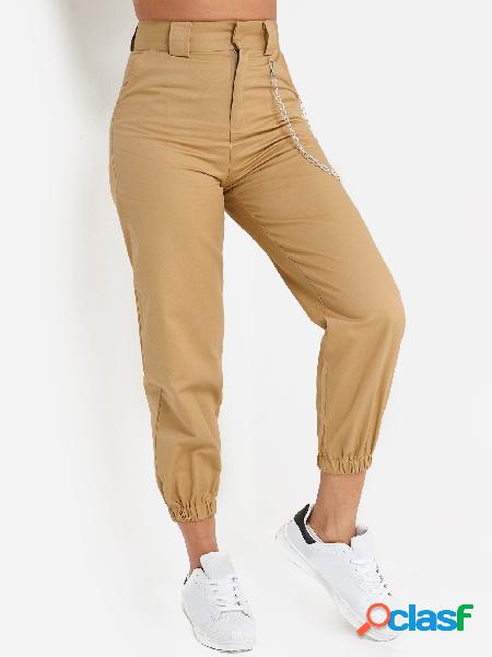 Khaki Side Pockets High-waisted Ankle-tied Overall