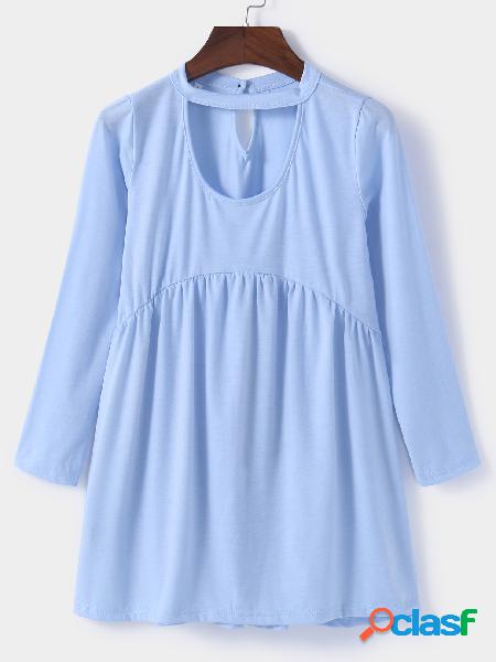 Light Blue Choker Neckline Long Sleeves Drape Top