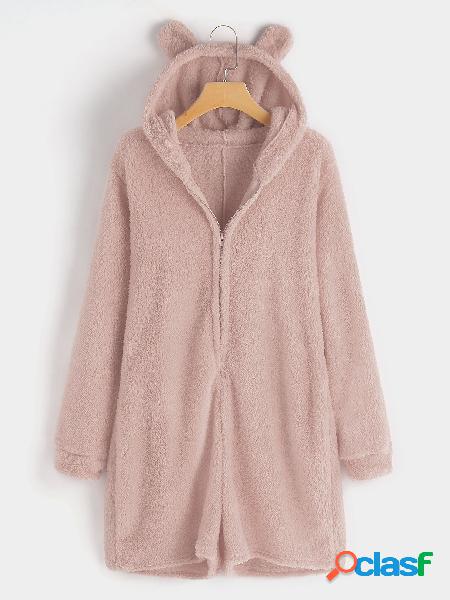 Light Pink Hooded Design Long Sleeves Plush Playsuit