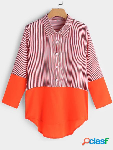 Orange Button Design Stripe Classic Collar Long Sleeves Tee