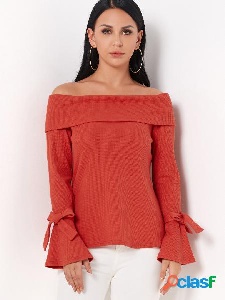 Orange Off Shoulder Bell Sleeves Tie-up Design Sweater