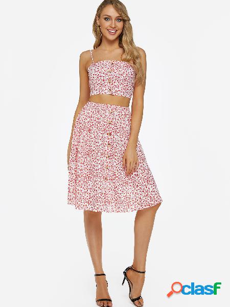 Pink Floral Spaghetti Strap Crop Top & Midi Skirt
