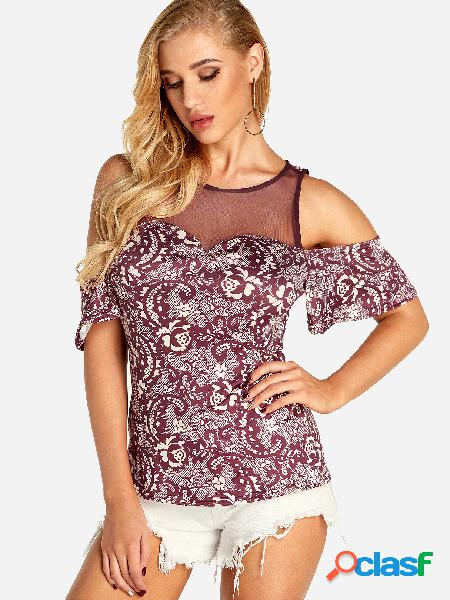 Purple Cut Out Floral Print Cold Shoulder See Through Blouse