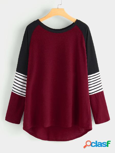 Red Round Neck Stitching Stripe Sleeves Top