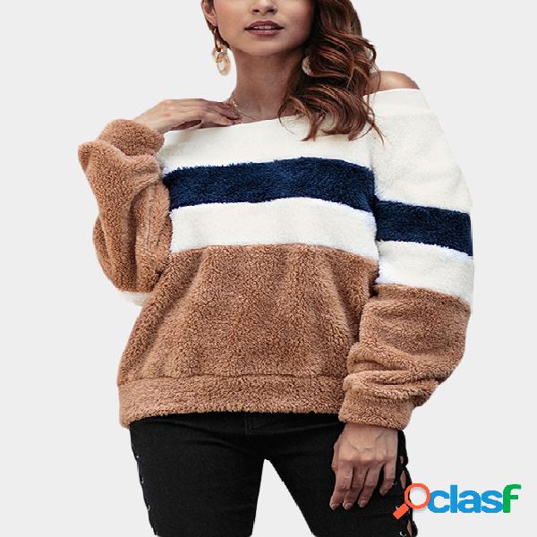 Stripe Color Block Off The Shoulder Long Sleeves Fleece