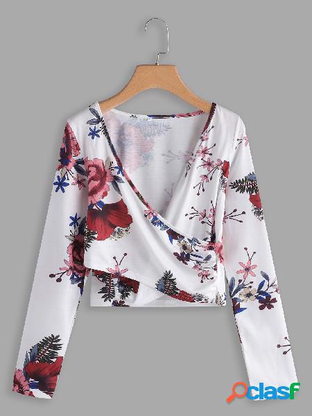 White Crossed Front Design Random Floral Print Deep V Neck