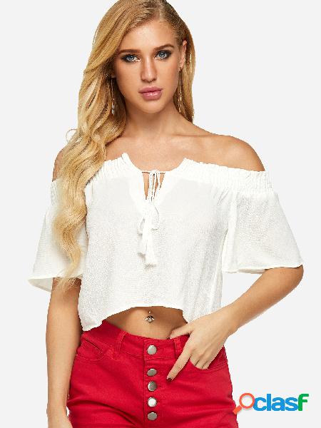 White Off Shoulder Bell Sleeves Tie-up Design Top