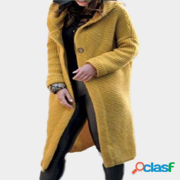 Yellow Hooded Design Plain Long Sleeves Knitted Sweater Coat
