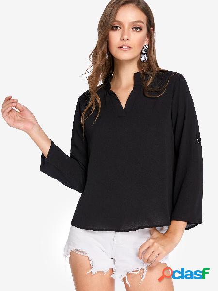 Black Basic V-neck Long Sleeves Blouses