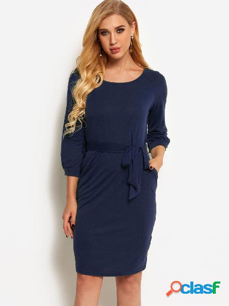 Navy Self-tie Design Round Neck 3/4 Length Sleeves