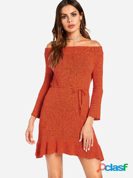 Red Self-tie Design Plain Off The Shoulder Flounced Hem Long