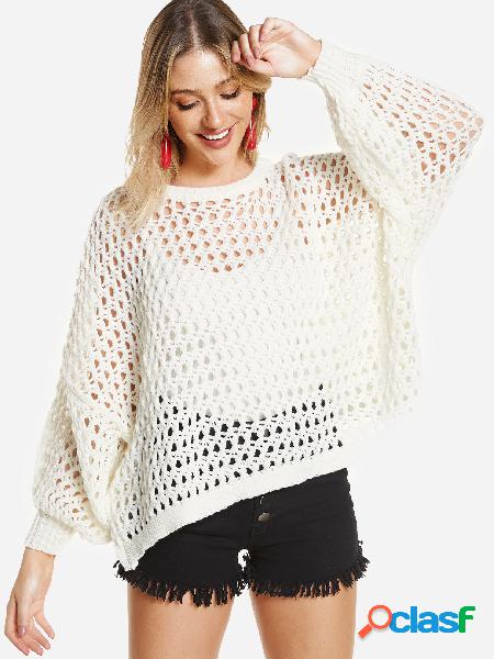 White See Through Design Round Neck Dolman Sleeve Loose Fit