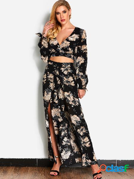 Black Random Floral Print Long Sleeves Top & Pants Set