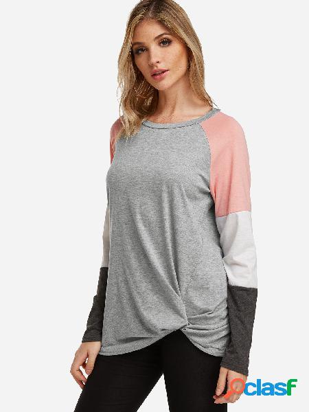 Grey Stripe Patchwork Round Neck Knot Design T-shirt