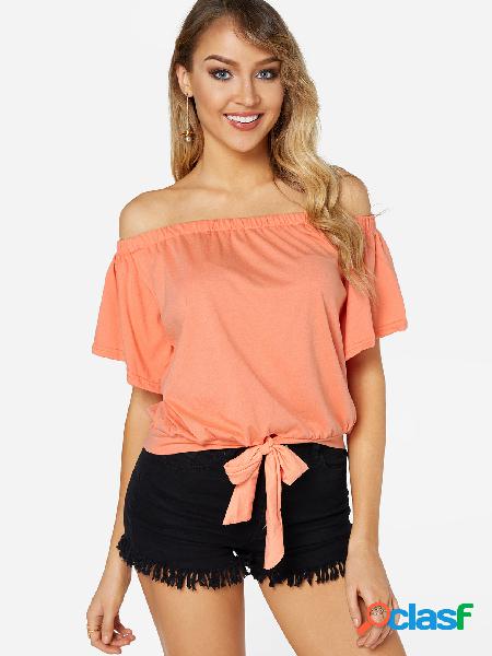 Orange Self-tie Design at Waist Off The Shoulder T-shirt
