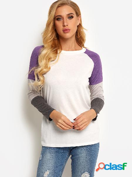 Purple Stripe Patchwork Design Round Neck Long Sleeves