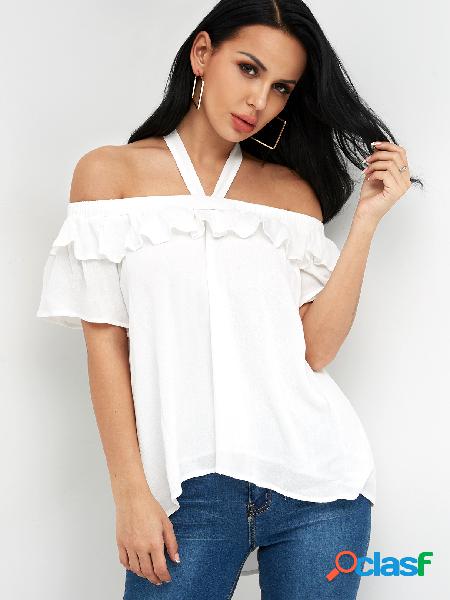 White Flounced Details Halter Cold Shoulder Short Sleeves