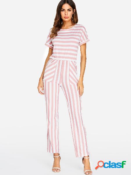 Pink Side Pockets Stripe Round Neck Short Sleeves Jumpsuit