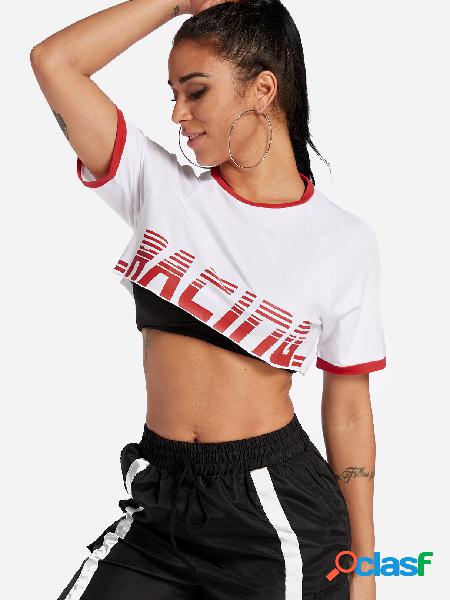 White Letter Pattern Short Sleeves Crop Top