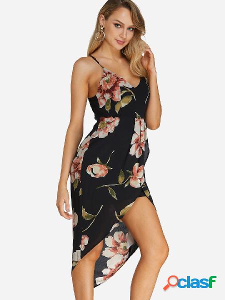 Black Crossed Front Design Random Floral Print V-neck