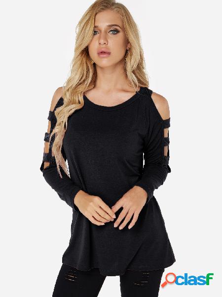 Black Hollow Design Cold Shoulder Long Sleeves T-shirts