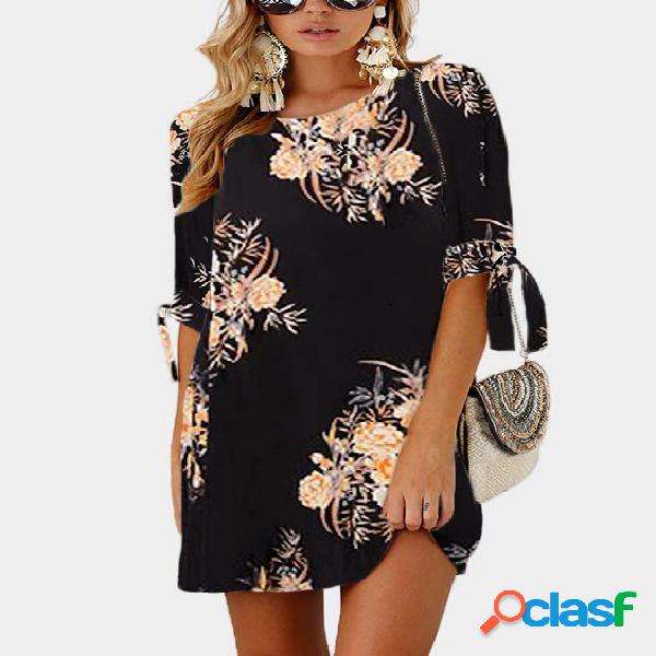 Black Random Floral Print Self-tie at Sleeves Mini Dress