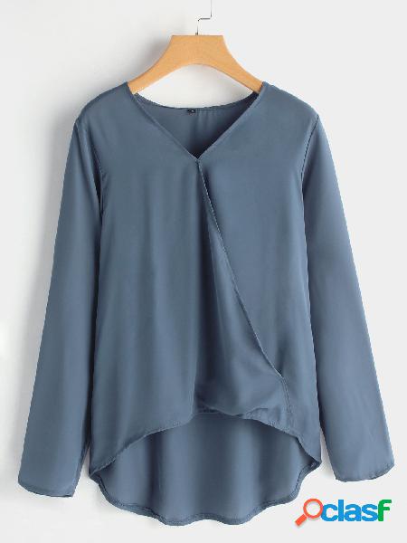 Blue Crossed Front Design Plain V-neck Long Sleeves Chiffon