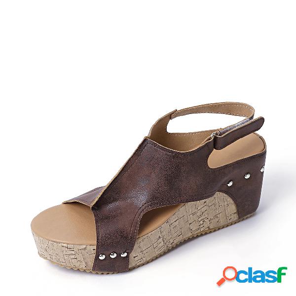 Brown Peep Toe Rivet Design Wedge Sandals
