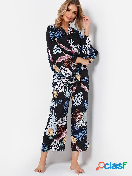 Crossed Front Bell Sleeves Top & Wide Leg Pants Colarful
