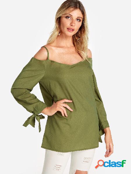 Green Self-tie Design Cold Shoulder Long Sleeves Blouse