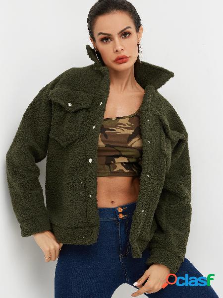 Army Green Lapel Collar Side Pockets Sherpa Fleece Coat