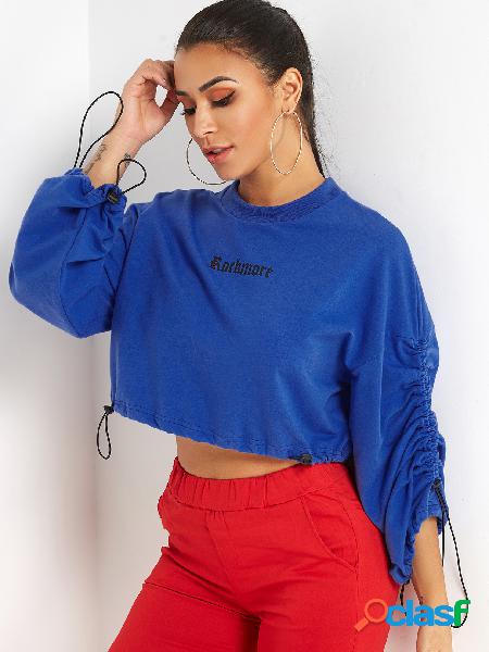 Blue Letter Print Drawstring Design Crop Sweatshit
