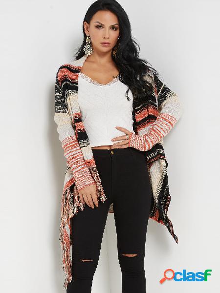 Stripe Open Front Long Sleeves Tassel Hem Sweater