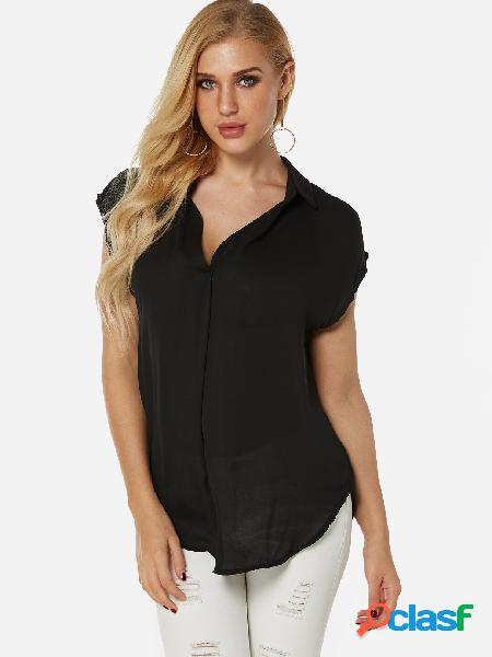 Black Plain Classic Collar Cap Sleeves Irregular Hem Blouses