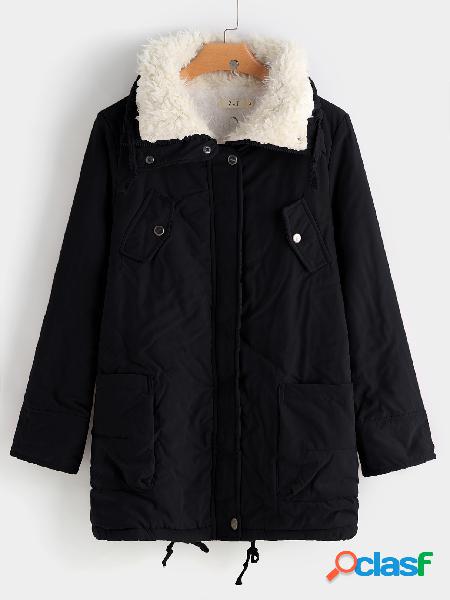 Black Woolen Lapel Collar Zip Front Closure Trench Coat With