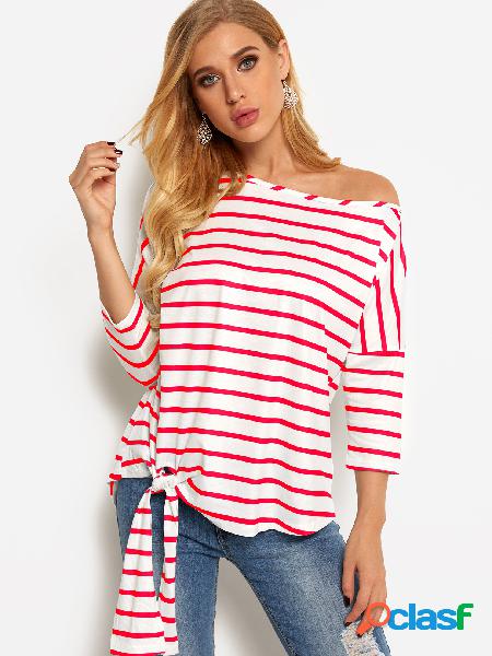 Red Self-tie Design Stripe One Shoulder Design Long Sleeves