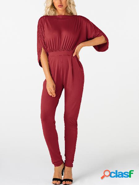 Burgundy Pleated Design Half Sleeves Jumpsuit