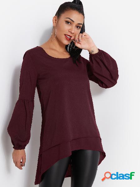 Burgundy Tiered Design Round Neck Lantern Sleeves Blouse