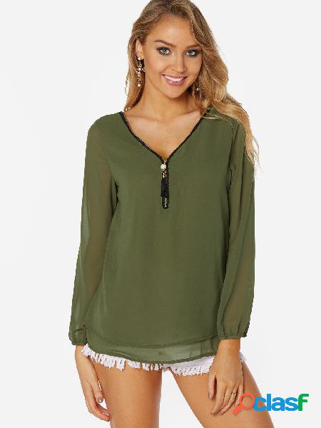 Army Green Zip Design V-neck Cross Design Shirt